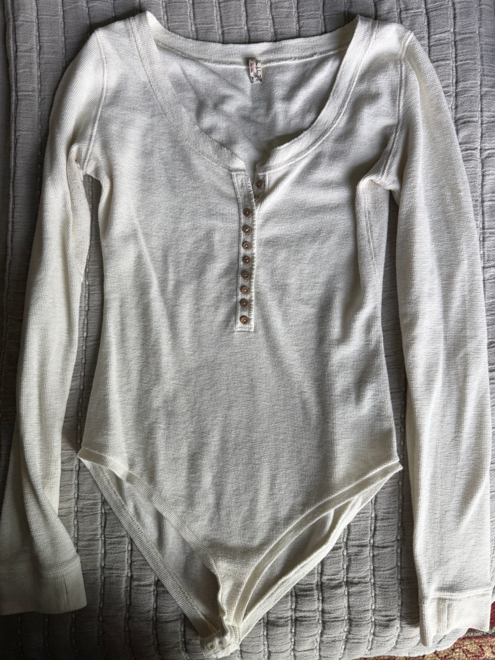 Free People Long-Sleeve Waffle Henley Bodysuit in Cream